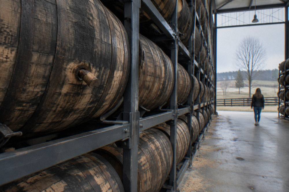 A wooden barrel warehouse in Kentucky with rows of charred oak barrels stacked on racks