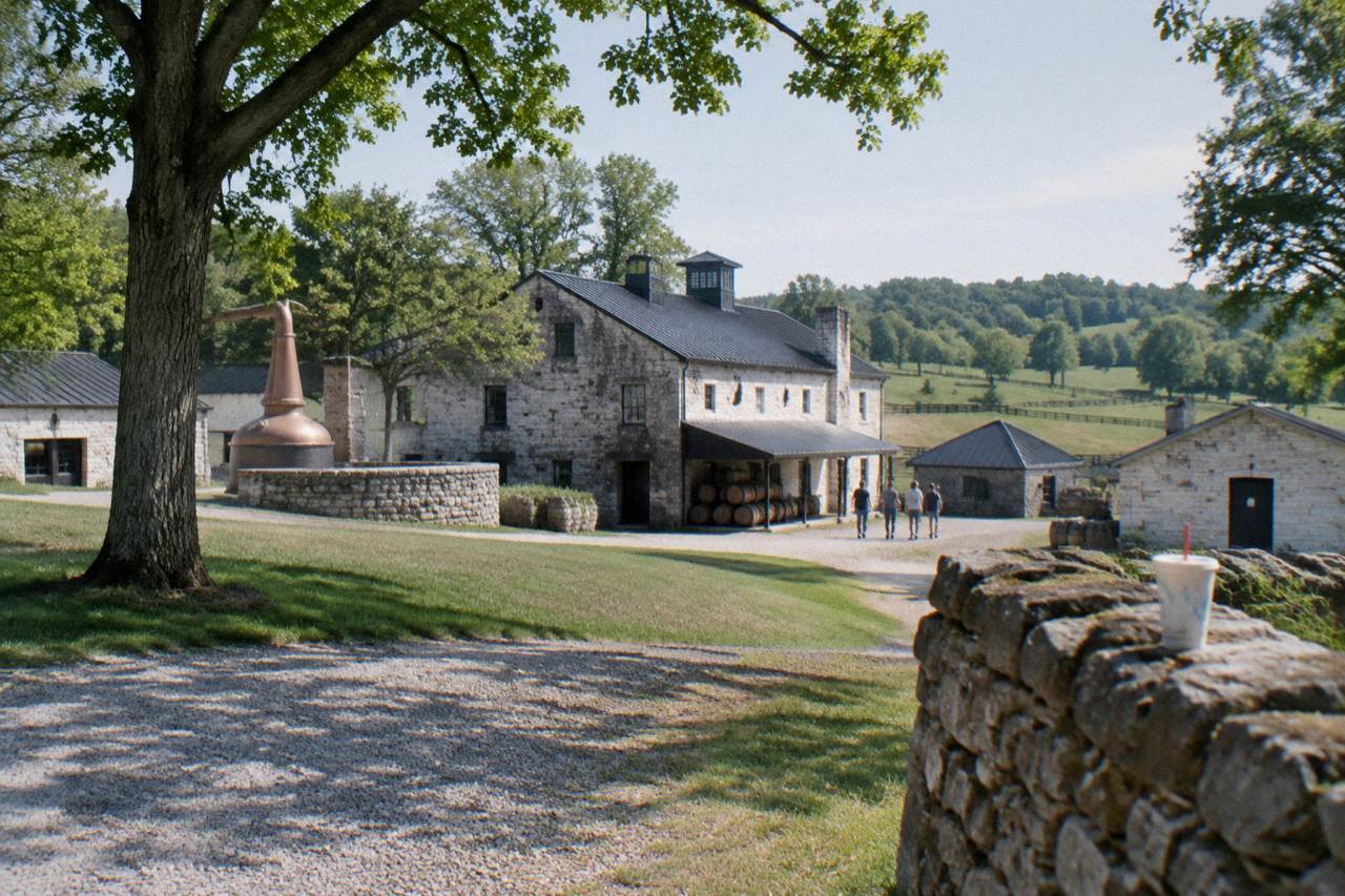 A historic Kentucky distillery campus with limestone buildings and rolling bluegrass hills