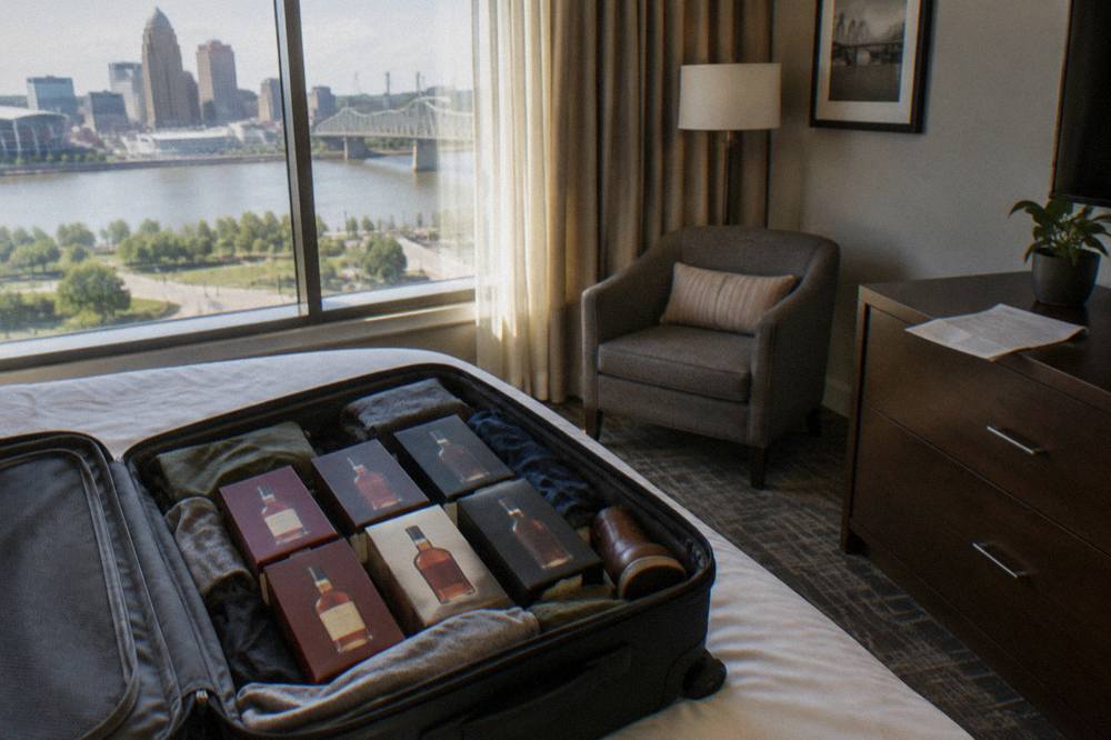 Several sealed bourbon bottles in original packaging nestled in clothing inside an open checked suitcase