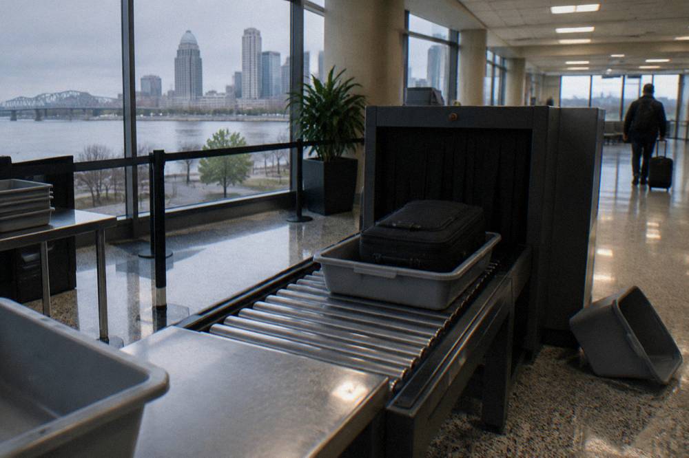 Airport security conveyor with a carry-on bag passing through screening equipment