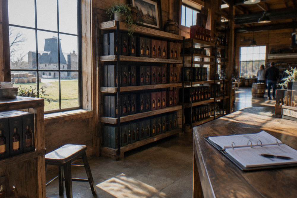 A bourbon distillery gift shop shelf lined with sealed bottles available for purchase
