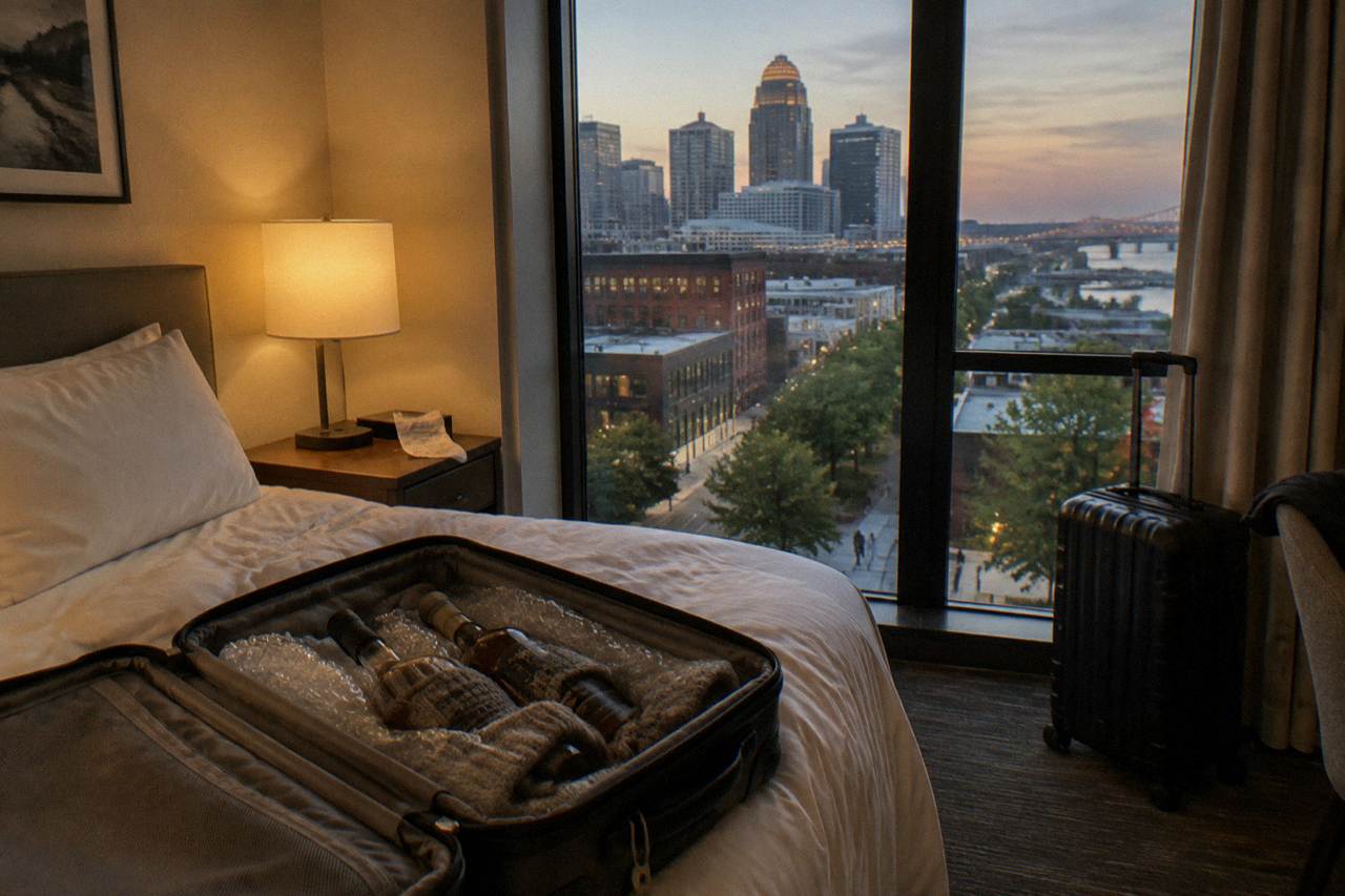 Bourbon bottles packed securely in a suitcase with protective wrapping for a flight home