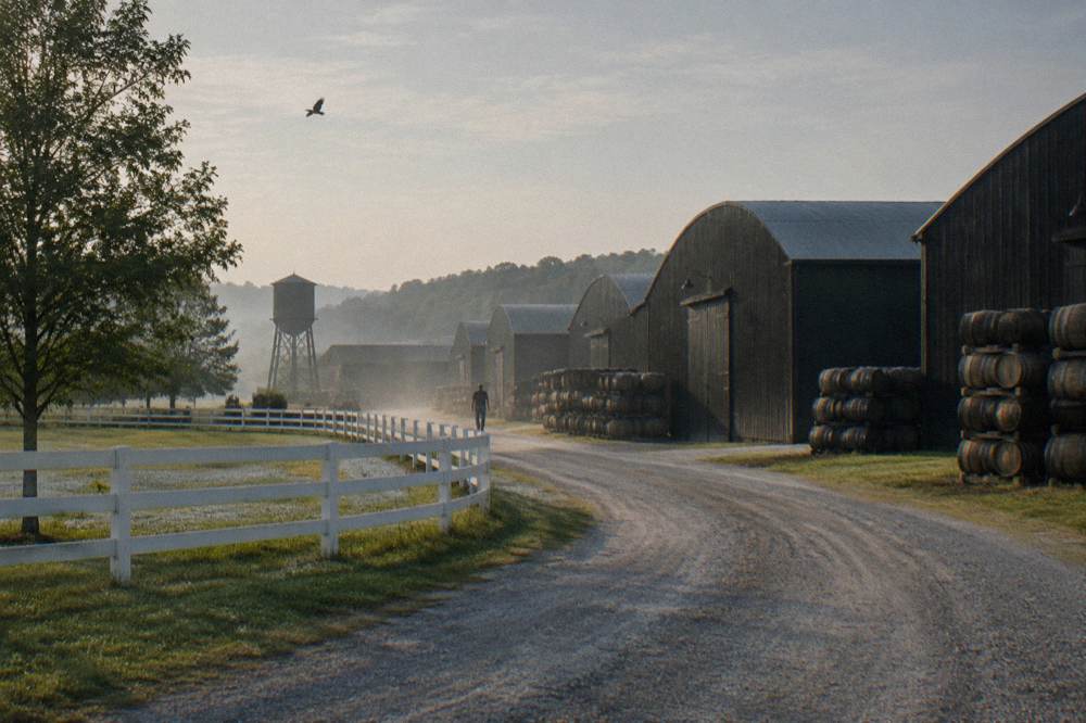 Country road curving past fenced horse pasture toward a distillery campus