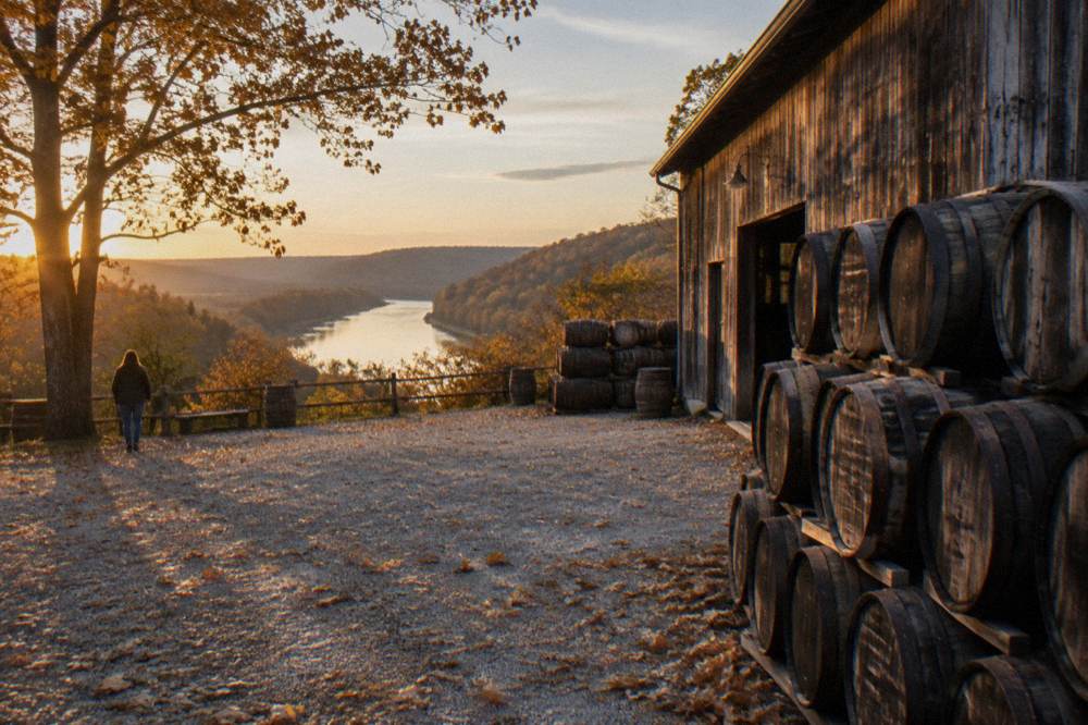 Golden late-afternoon light across rolling Kentucky hills with rows of bourbon barrels stacked beside a distillery barn.