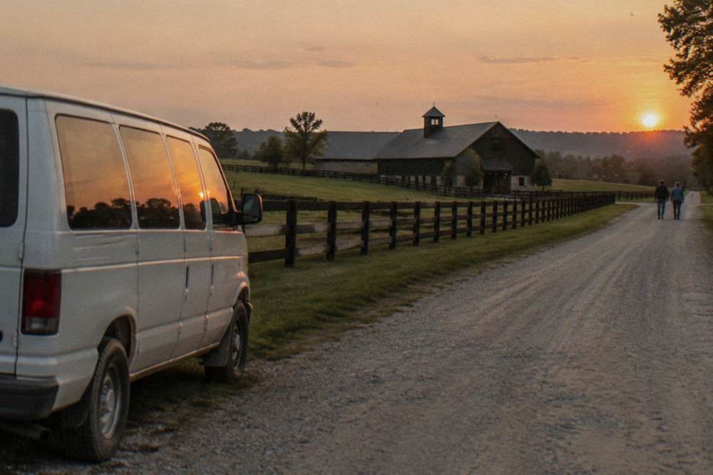 A tour van parked on a country road beside rolling Kentucky horse farm fences near a distillery