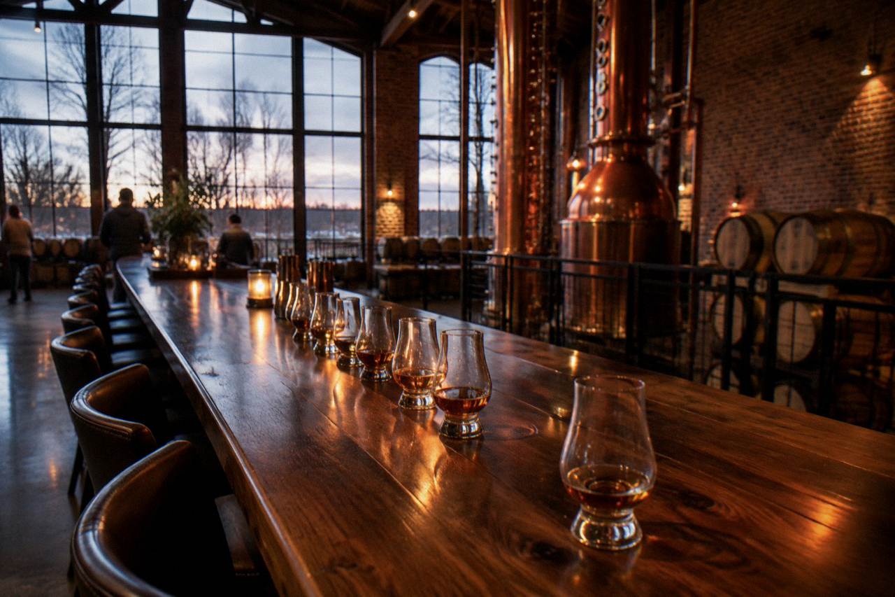A row of whiskey glasses lined up on a wooden tasting bar in a Kentucky distillery