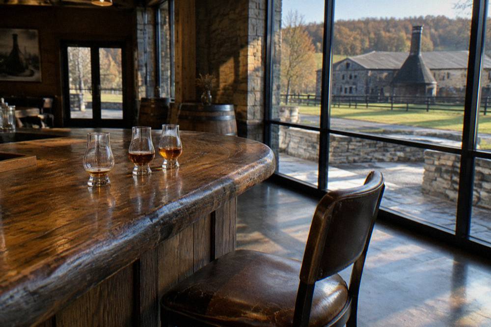 Three small glasses of bourbon on a scuffed oak tasting bar