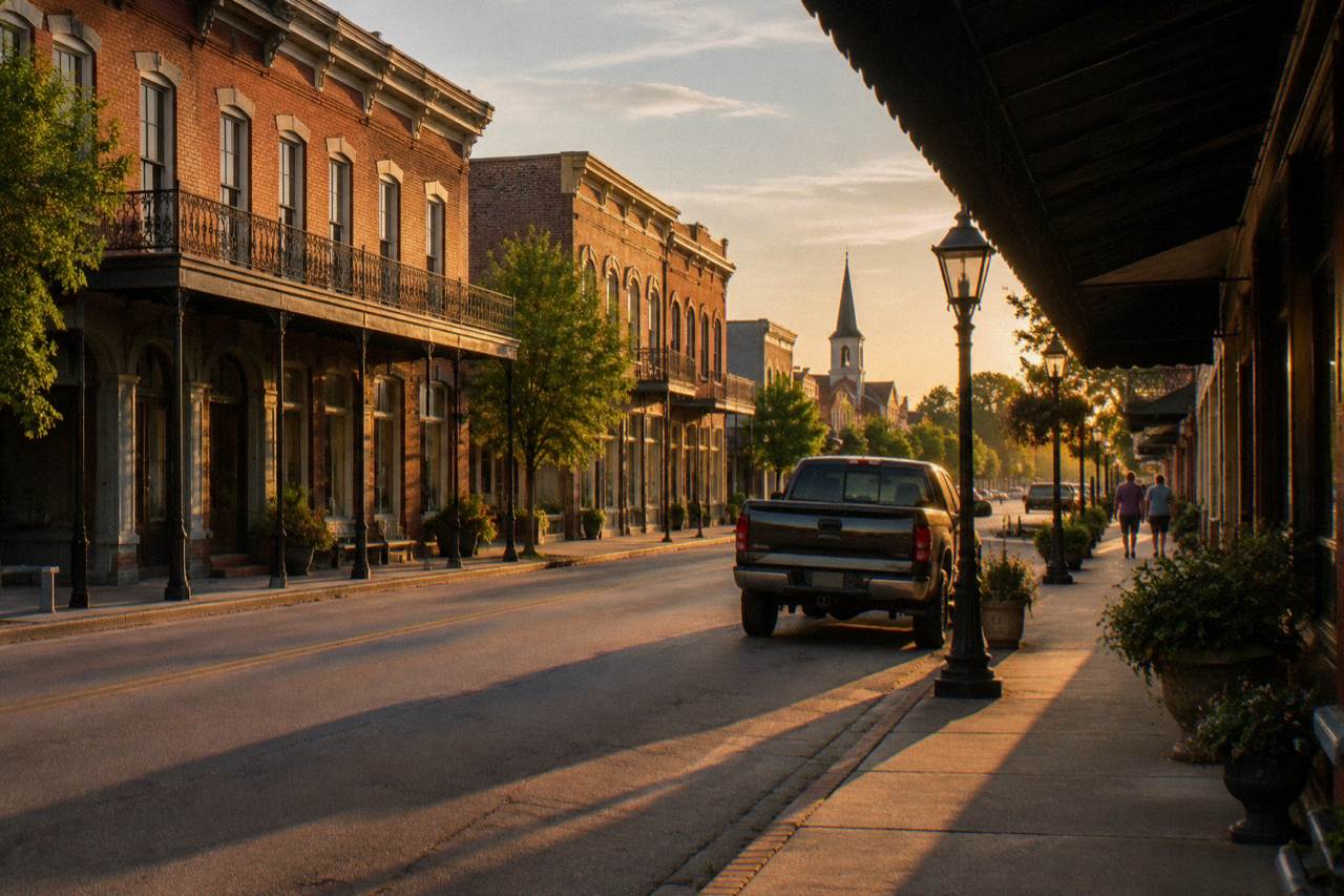 Historic small-town main street in Bardstown with brick storefronts under evening light