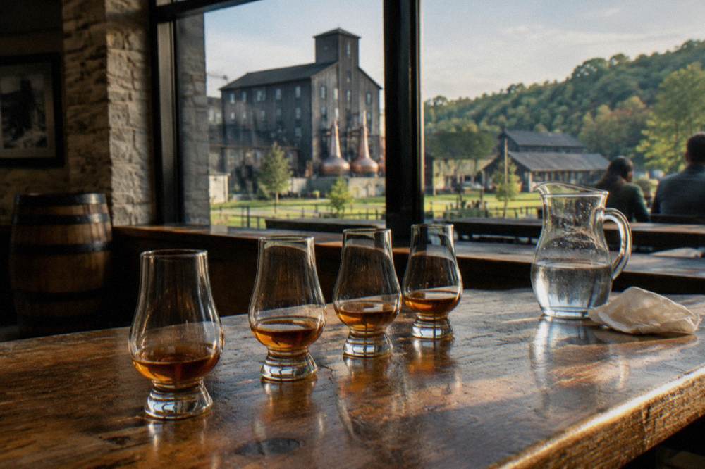 Tasting glasses of amber bourbon arranged on a wooden bar counter