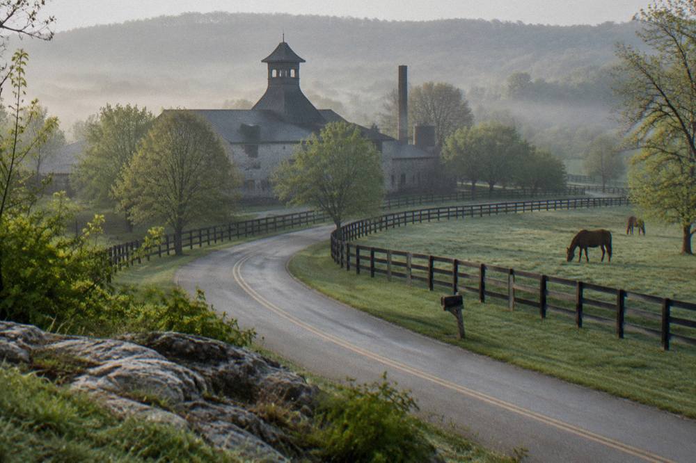 A two-lane Kentucky country road curving past fenced horse farms in the Bluegrass region