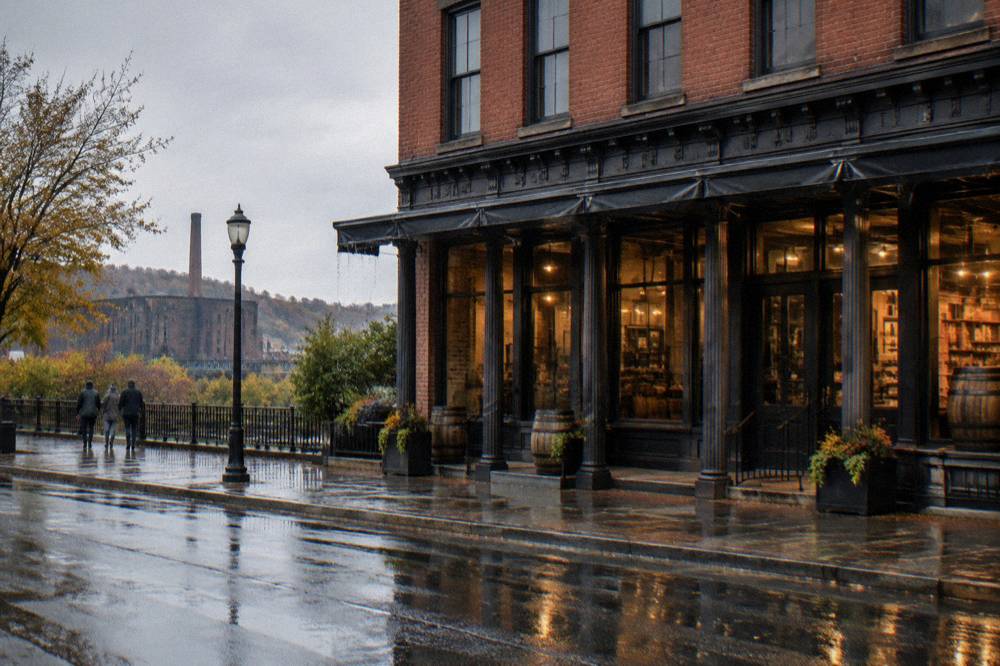 Historic brick buildings on Whiskey Row in Louisville with iron storefront details