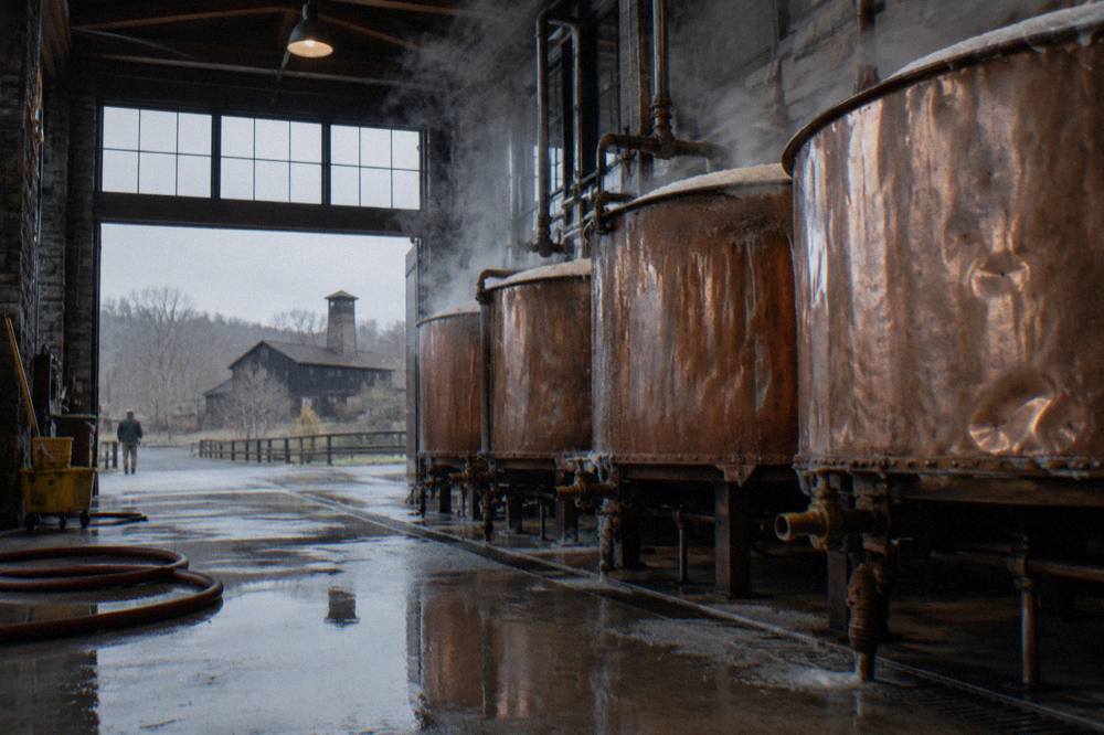 Copper fermentation tanks inside a working bourbon distillery