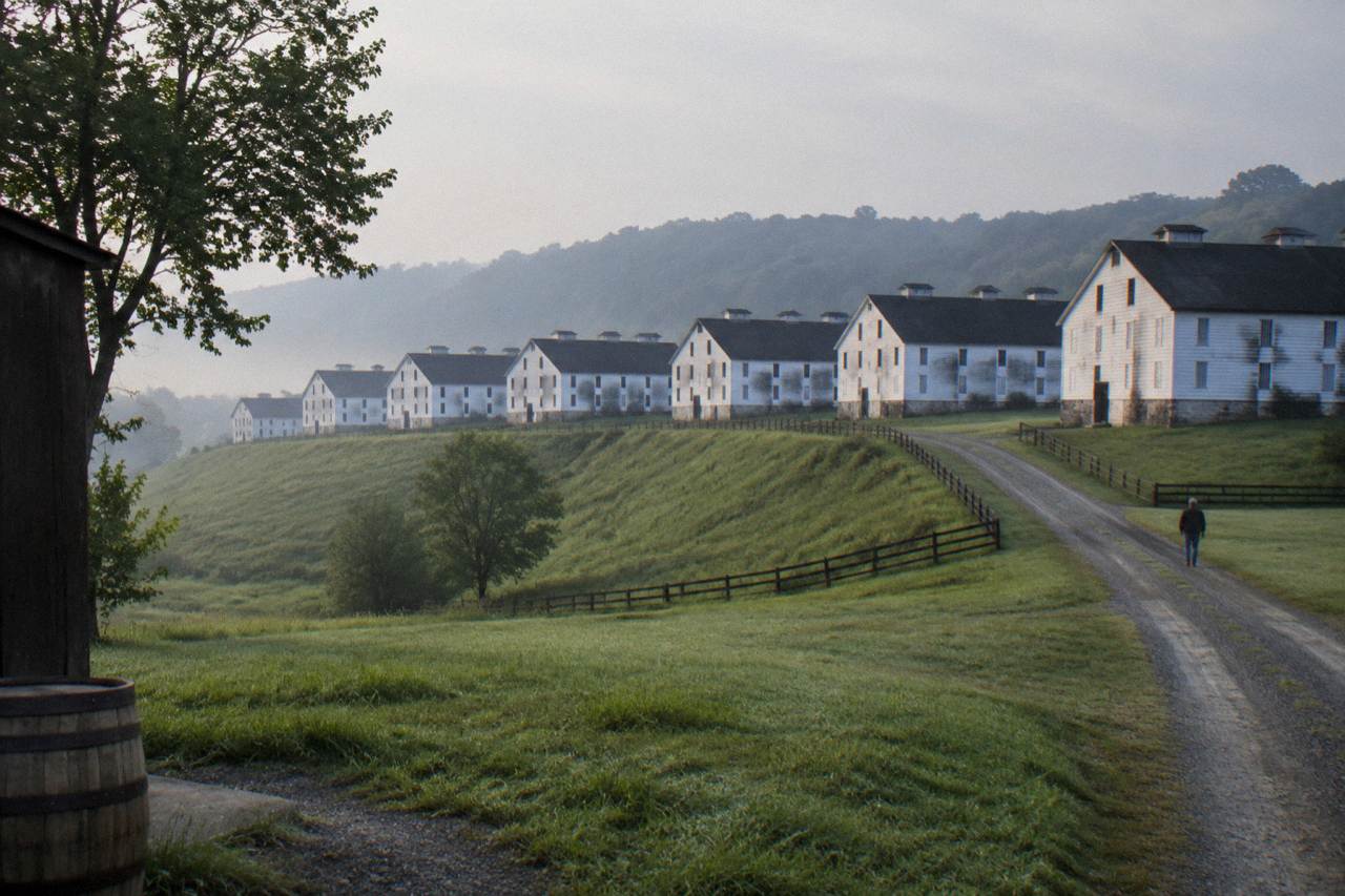 Rack houses and rolling green hills at a Kentucky bourbon distillery campus