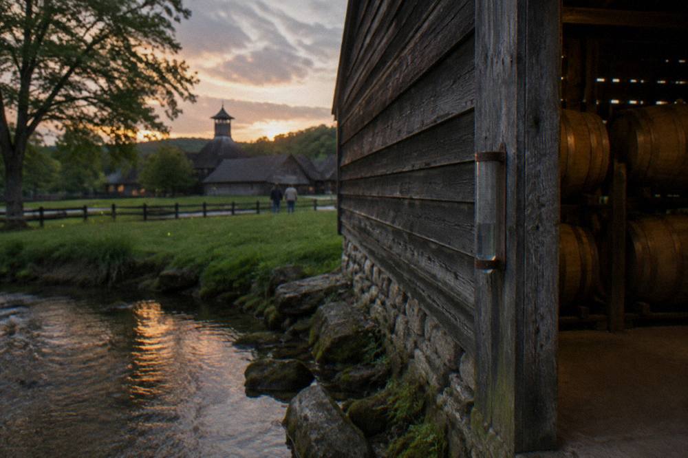 Cedar-sided whiskey warehouse beside a small creek on a Kentucky distillery campus