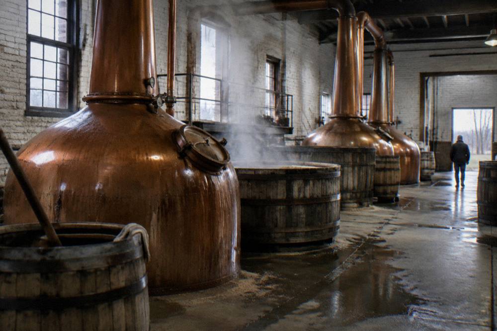 Copper pot stills inside a Kentucky bourbon distillery still house