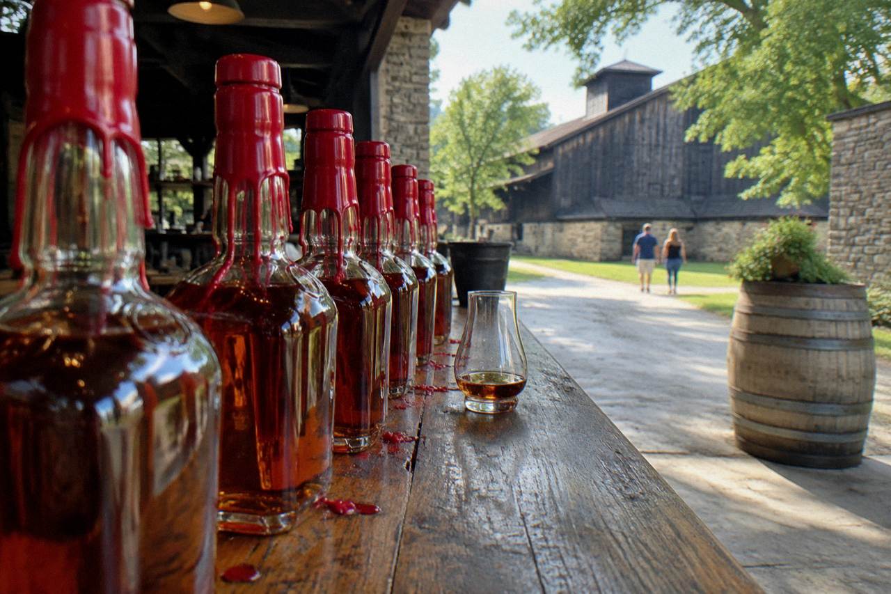 Red wax-dipped bourbon bottles lined up on a wooden tasting bar in a Kentucky distillery