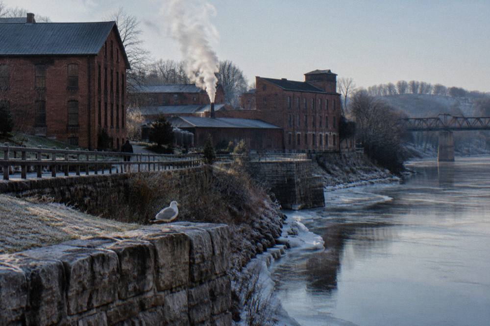 The historic brick distillery buildings of Buffalo Trace along the Kentucky River in Frankfort