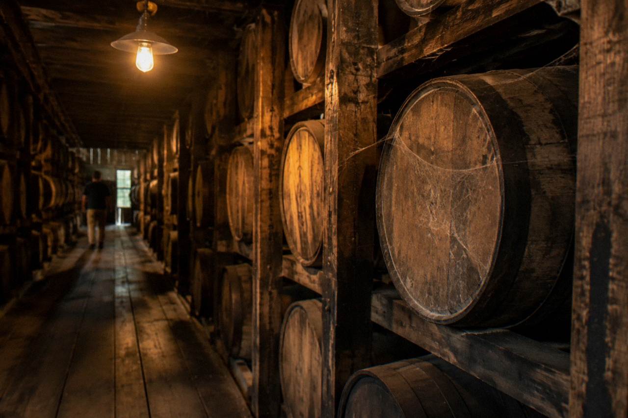 Aged bourbon barrels stacked in a Kentucky rickhouse, warm light between the racks