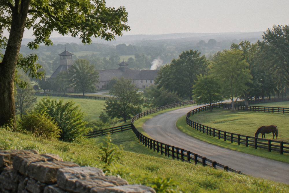 A curving country road through horse farms approaching a stone distillery in Kentucky