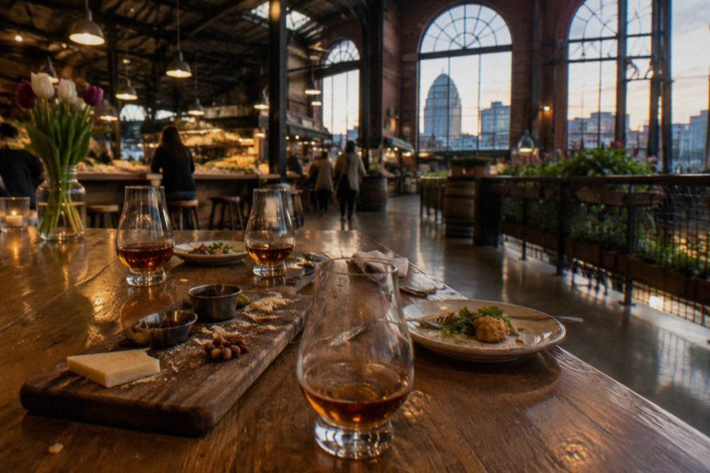 A table of bourbon glasses and small food bites set for a paired tasting