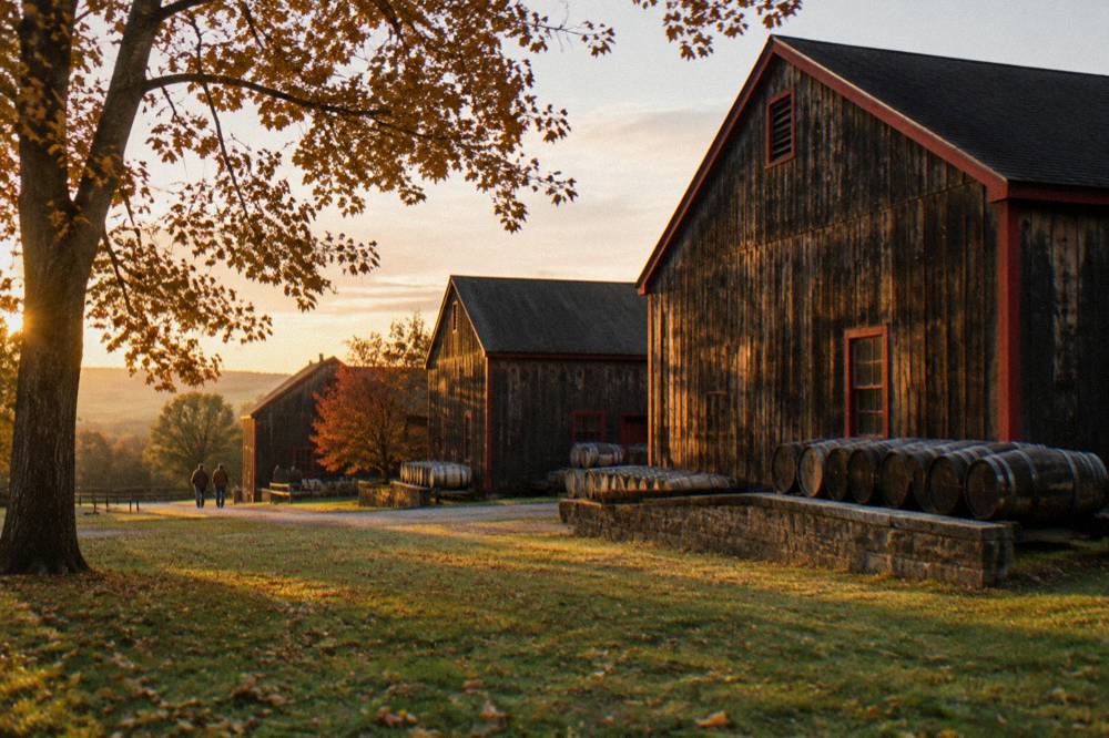 Barrel warehouses on a Kentucky distillery campus seen across a lawn at golden hour