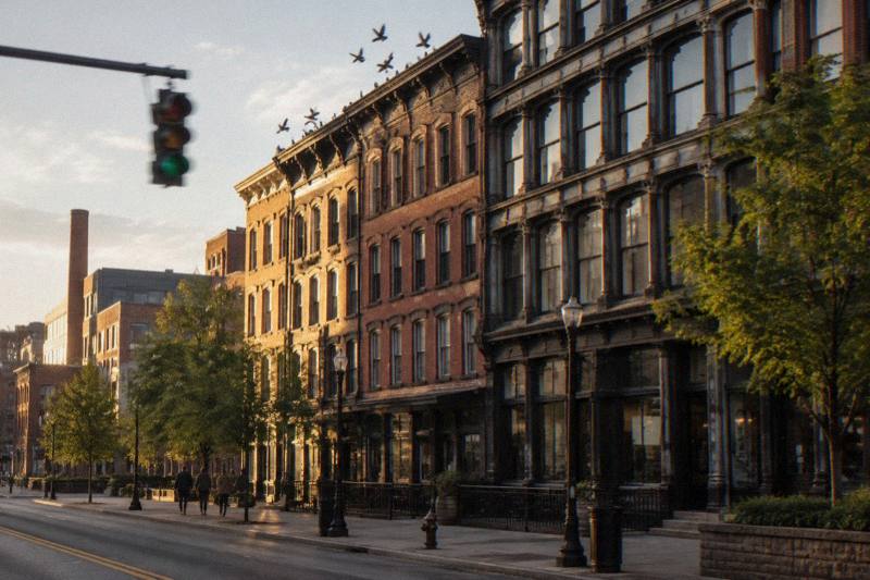 A Louisville Whiskey Row streetscape of historic cast-iron brick buildings in late afternoon