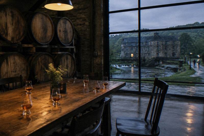 A private tasting table with unlabeled glasses of bourbon beside oak barrel heads in a quiet warehouse