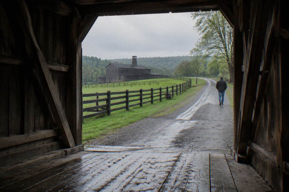Wooden covered bridge on a rural road in central Kentucky farmland