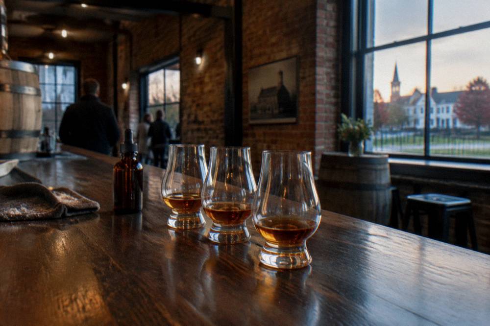 Bourbon glasses with amber whiskey arranged on a wooden tasting bar
