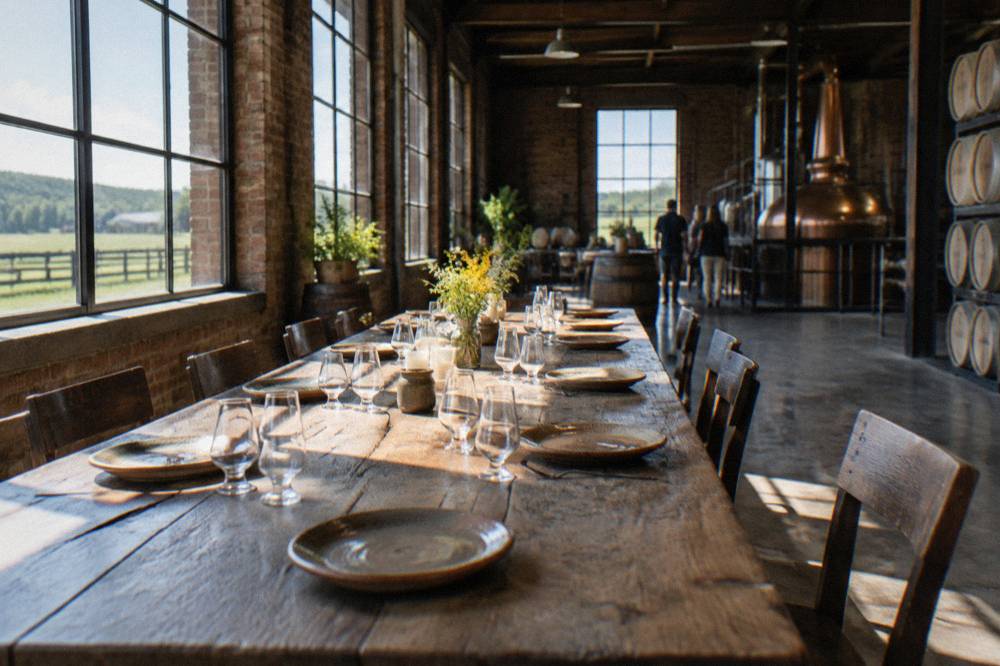 A long wooden table set with plates and glasses ready for a group lunch