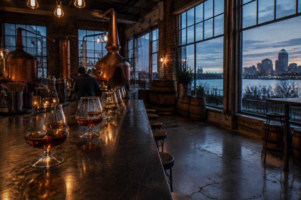 Glasses of amber bourbon lined up on a dark tasting room bar