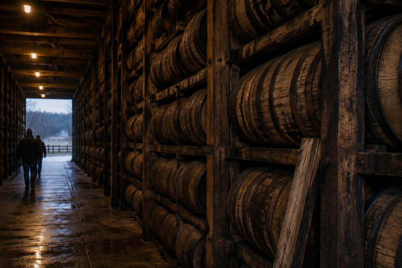 Rows of bourbon barrels stacked in a wooden rackhouse lit by warm light