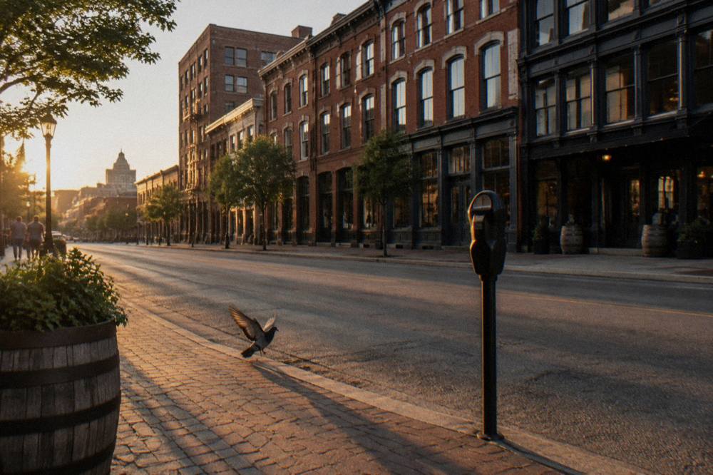 Historic brick facades of Whiskey Row on Main Street in Louisville at golden hour