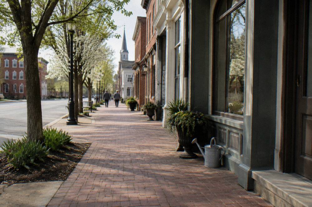 Small historic downtown street in Bardstown Kentucky with brick storefronts under a clear sky
