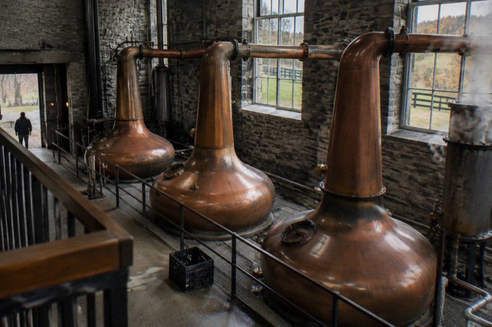 Copper pot stills inside the Woodford Reserve distillery in Versailles Kentucky