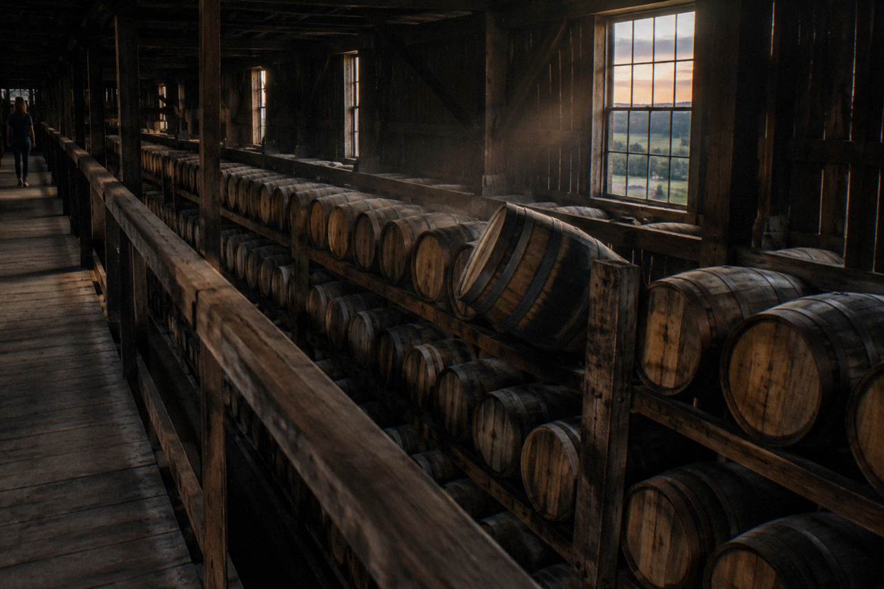 Rows of oak bourbon barrels stacked in a wooden rickhouse in rural Kentucky