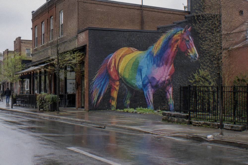 Rainbow painted horse mural on East Main Street in the NuLu district of Louisville