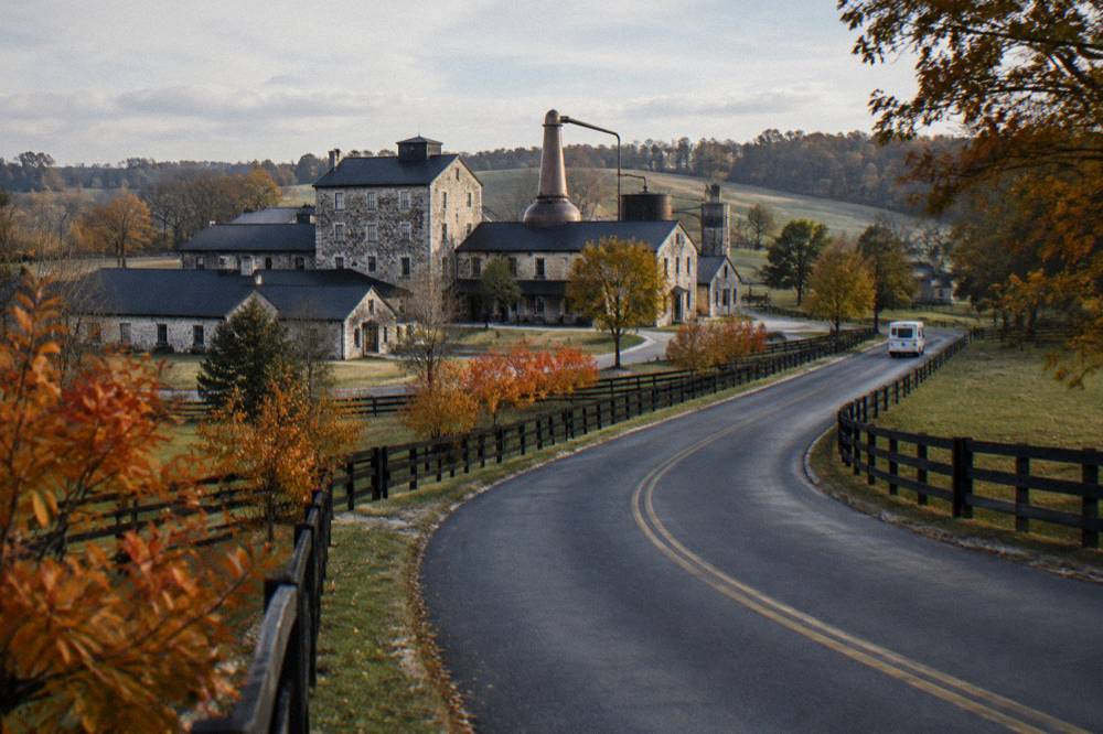 Country road winding through horse farm fences toward a Kentucky distillery in fall color