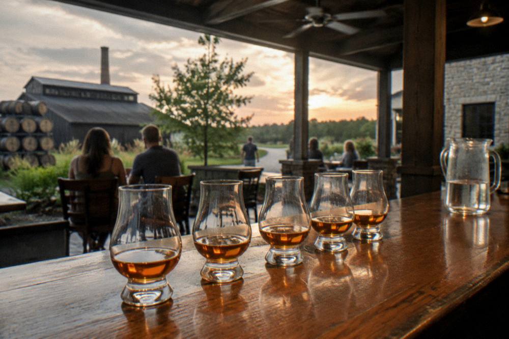 Glasses of bourbon lined up on a tasting counter in a distillery tasting room