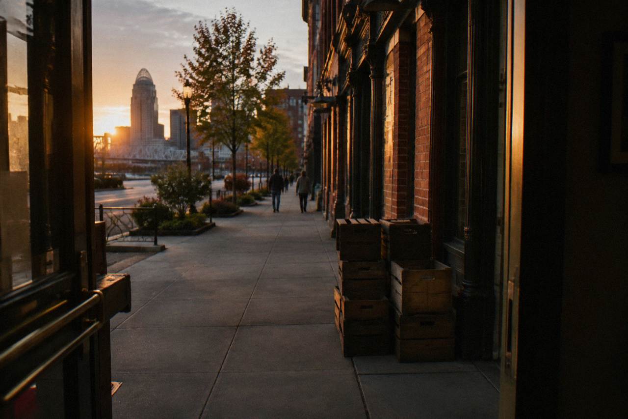 Historic brick storefronts along Whiskey Row in downtown Louisville at golden hour