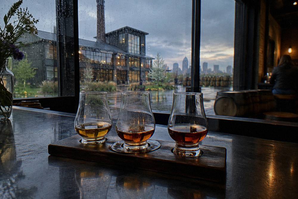 A tasting flight of bourbon glasses arranged on a wooden bar counter