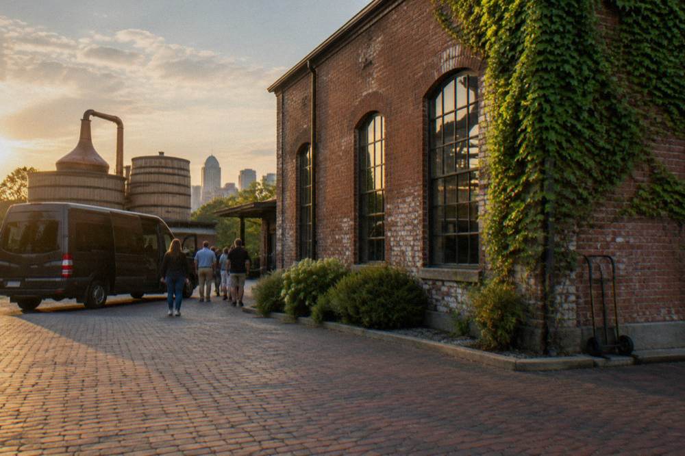 A small tour van parked in a distillery courtyard with brick warehouses behind it