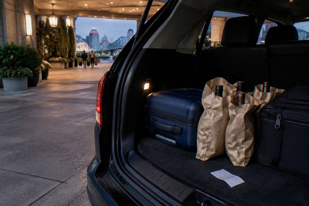 Sealed bourbon bottles packed in paper bags inside a vehicle cargo area