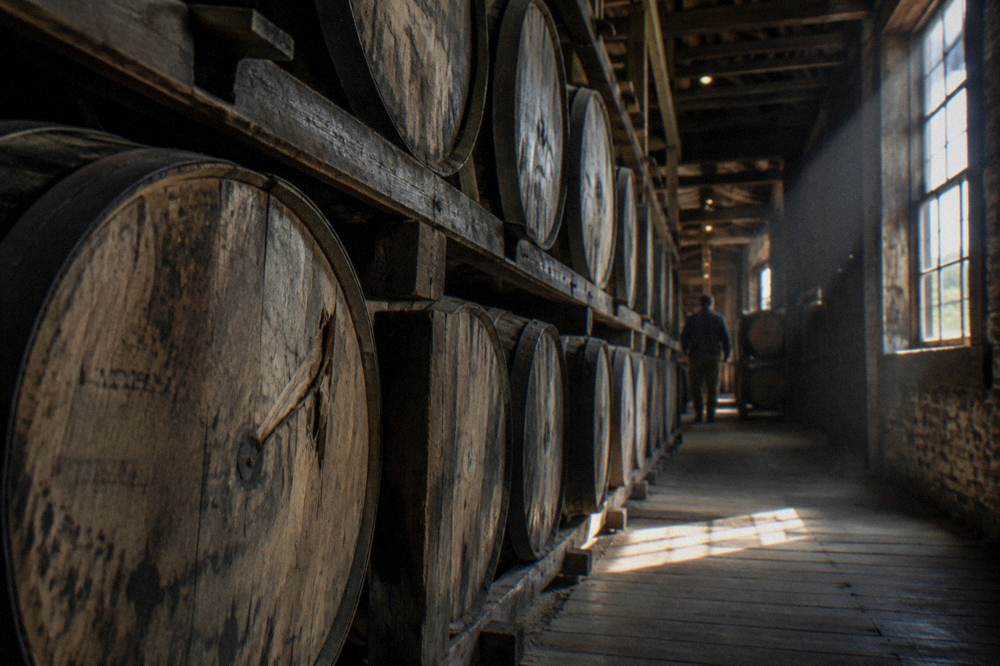 Barrels of bourbon resting on wooden racks inside a dim aging warehouse