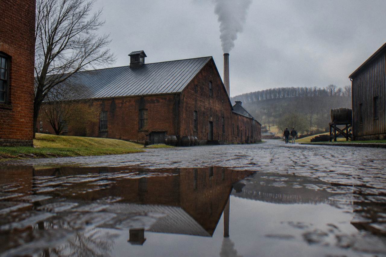 Historic brick distillery buildings and a steam column above the Buffalo Trace campus in Frankfort