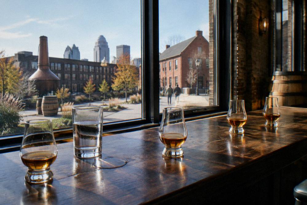 Bourbon glasses lined up on a dark wooden tasting bar