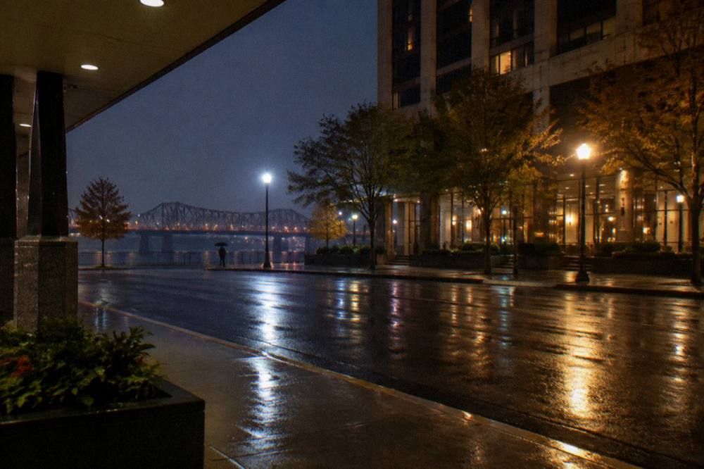 Evening view of Main Street storefronts glowing under streetlights in Louisville