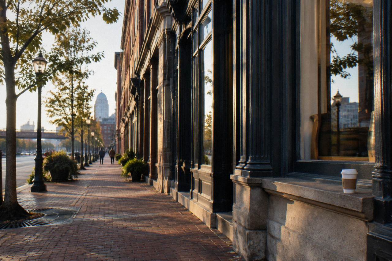 Historic brick Whiskey Row storefronts on Main Street in Louisville at golden hour