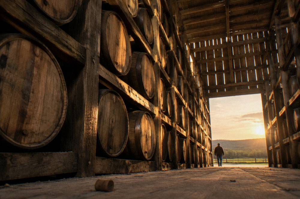 Wooden rackhouse with rows of aging bourbon barrels stacked to the ceiling