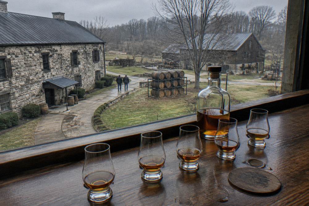 Glasses of amber bourbon lined up on a tasting bar